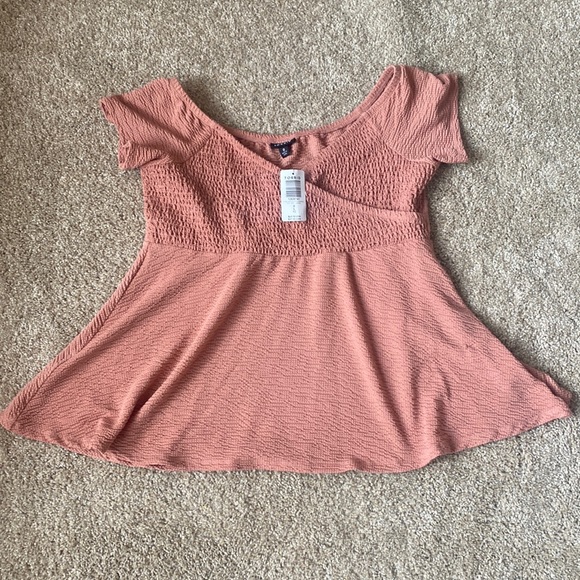 Torrid Dusty Pink Textured Smocked Off Shoulder Babydoll Top CrissCross Surplice - Picture 2 of 10